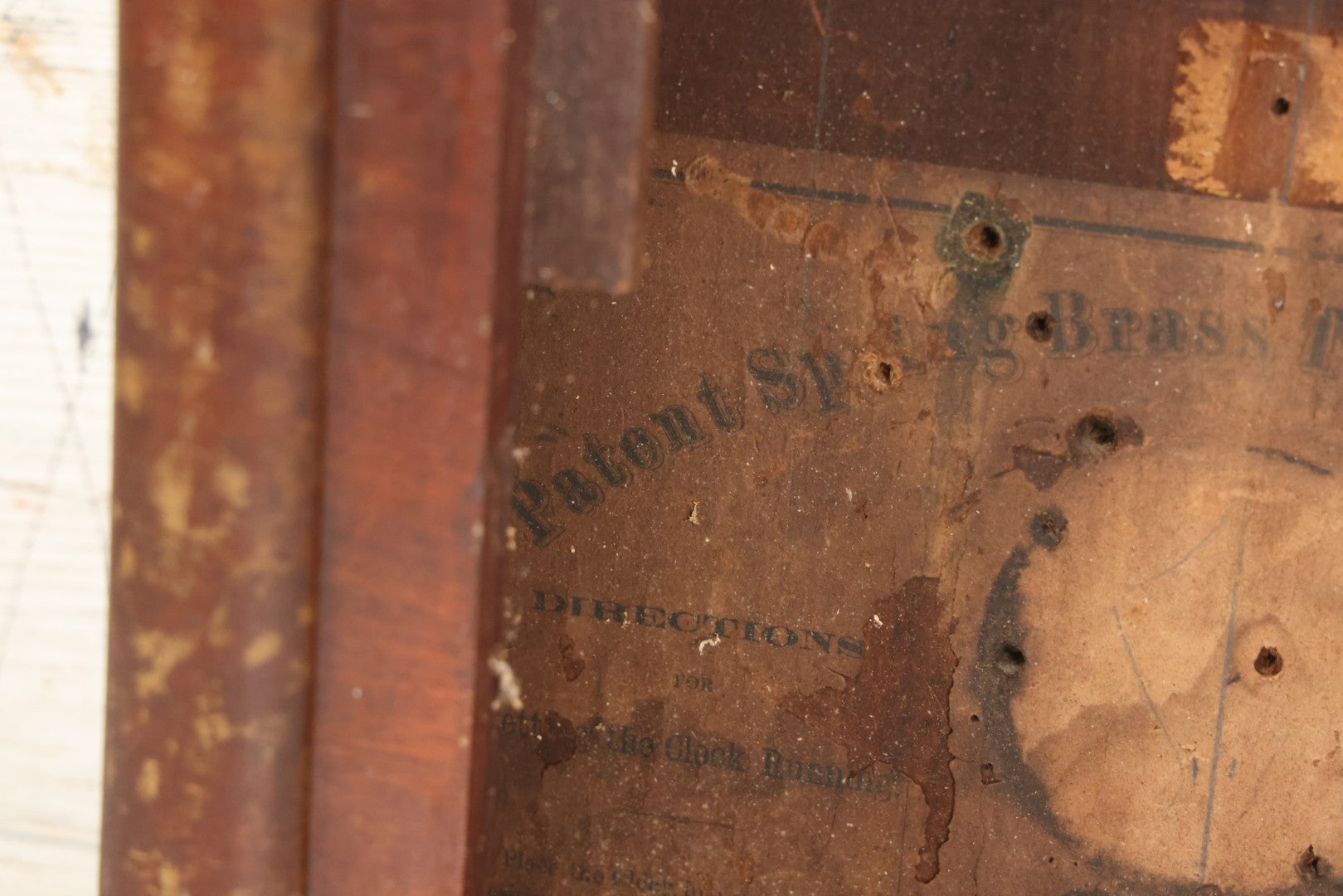 Lot 037 - Antique Wooden Clock Case With Reverse-Painted Dog Head Decoration, Seth Thomas, Thomaston, Connecticut, With Paper Label From O.J. Dodge, Watchmaker And Jeweler, Barre, Vermont, 13-3/4" x 16-1/2"