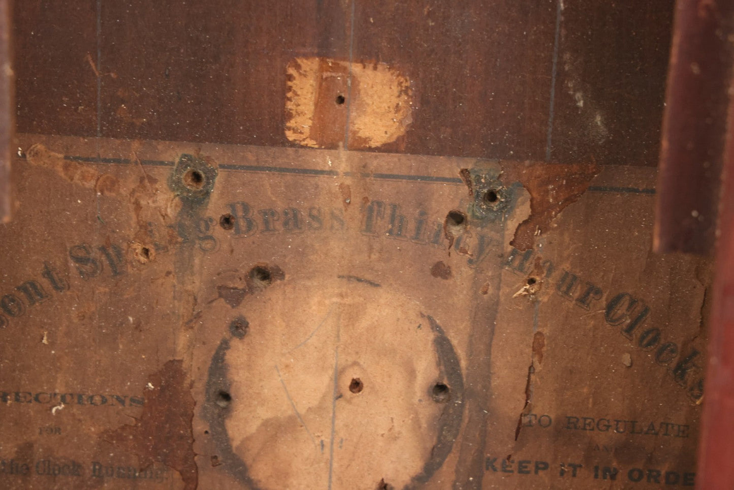 Lot 037 - Antique Wooden Clock Case With Reverse-Painted Dog Head Decoration, Seth Thomas, Thomaston, Connecticut, With Paper Label From O.J. Dodge, Watchmaker And Jeweler, Barre, Vermont, 13-3/4" x 16-1/2"