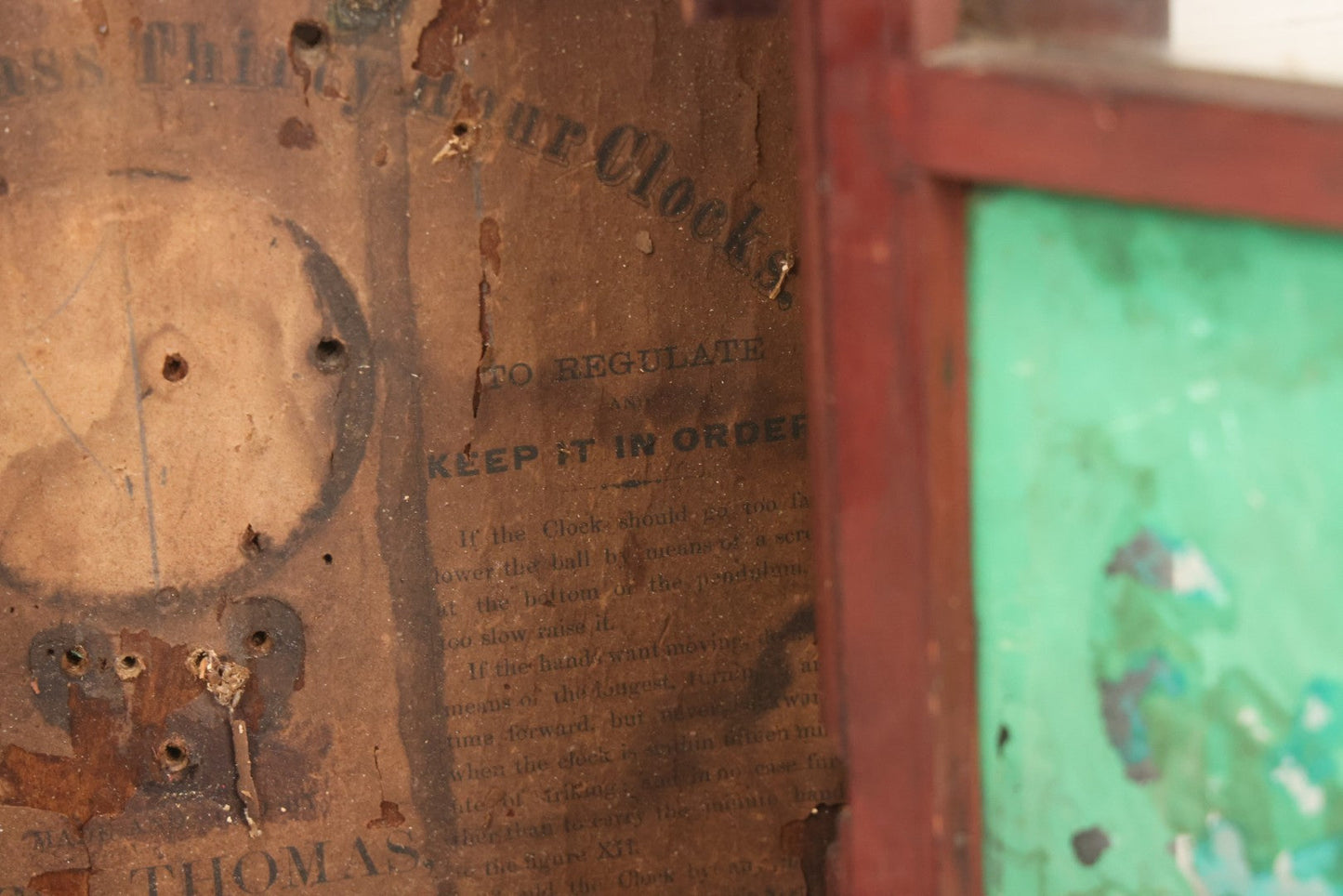 Lot 037 - Antique Wooden Clock Case With Reverse-Painted Dog Head Decoration, Seth Thomas, Thomaston, Connecticut, With Paper Label From O.J. Dodge, Watchmaker And Jeweler, Barre, Vermont, 13-3/4" x 16-1/2"