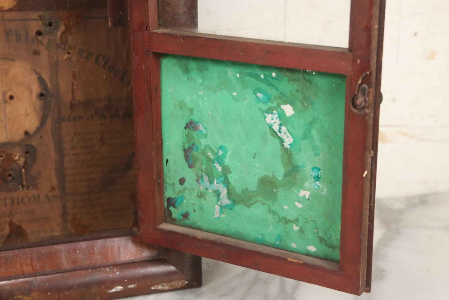 Lot 037 - Antique Wooden Clock Case With Reverse-Painted Dog Head Decoration, Seth Thomas, Thomaston, Connecticut, With Paper Label From O.J. Dodge, Watchmaker And Jeweler, Barre, Vermont, 13-3/4" x 16-1/2"