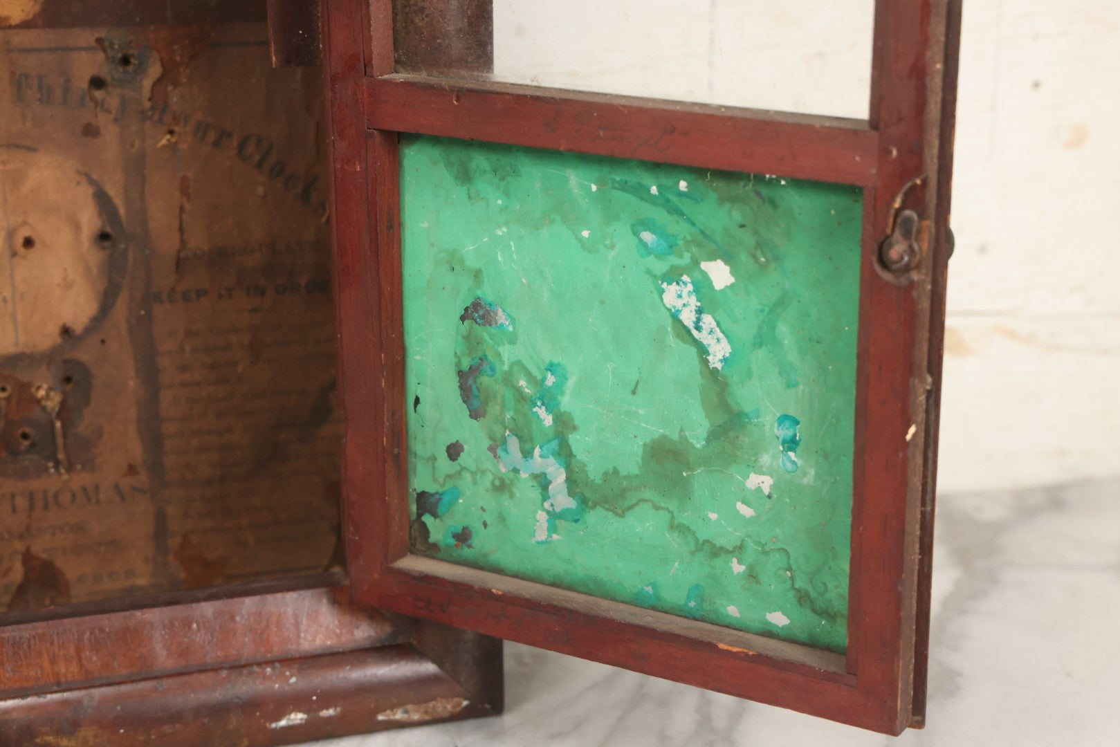 Lot 037 - Antique Wooden Clock Case With Reverse-Painted Dog Head Decoration, Seth Thomas, Thomaston, Connecticut, With Paper Label From O.J. Dodge, Watchmaker And Jeweler, Barre, Vermont, 13-3/4" x 16-1/2"