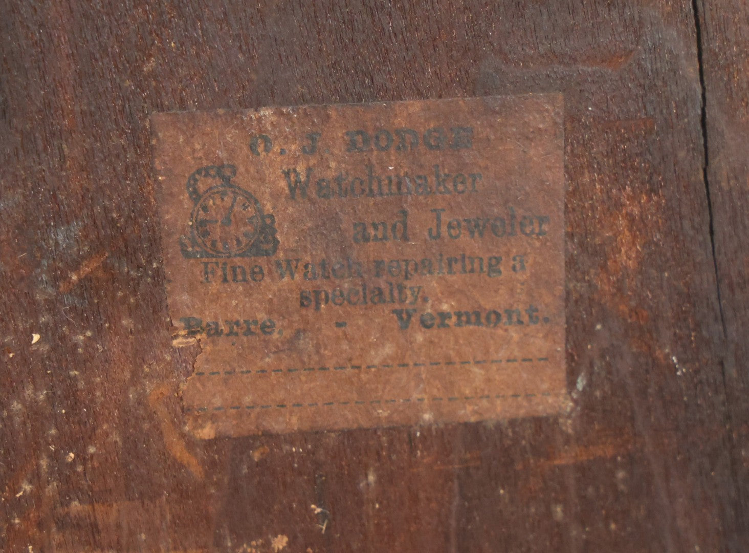 Lot 037 - Antique Wooden Clock Case With Reverse-Painted Dog Head Decoration, Seth Thomas, Thomaston, Connecticut, With Paper Label From O.J. Dodge, Watchmaker And Jeweler, Barre, Vermont, 13-3/4" x 16-1/2"