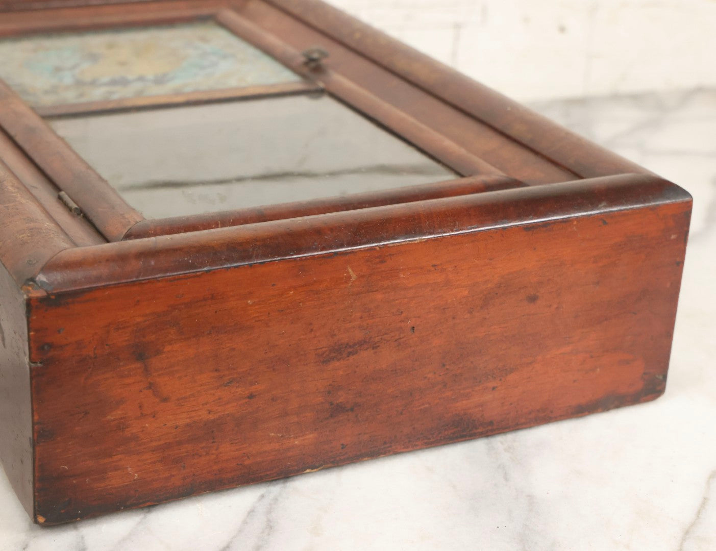 Lot 037 - Antique Wooden Clock Case With Reverse-Painted Dog Head Decoration, Seth Thomas, Thomaston, Connecticut, With Paper Label From O.J. Dodge, Watchmaker And Jeweler, Barre, Vermont, 13-3/4" x 16-1/2"