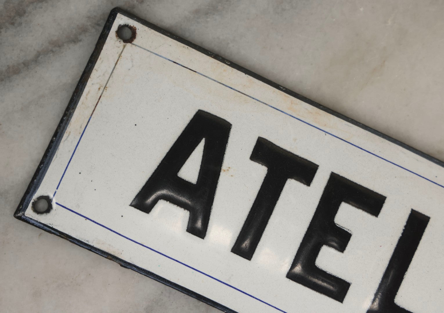 Lot 039 - Antique Convex Porcelain Sign “Ateliers” ( French, "Workshops") With Black Letters On White Field And Navy Blue Pinstripes, Marked "Busath-Brux," Édouard Busath, Brussels, Belgium, 9-7/8" x 2-3/4"