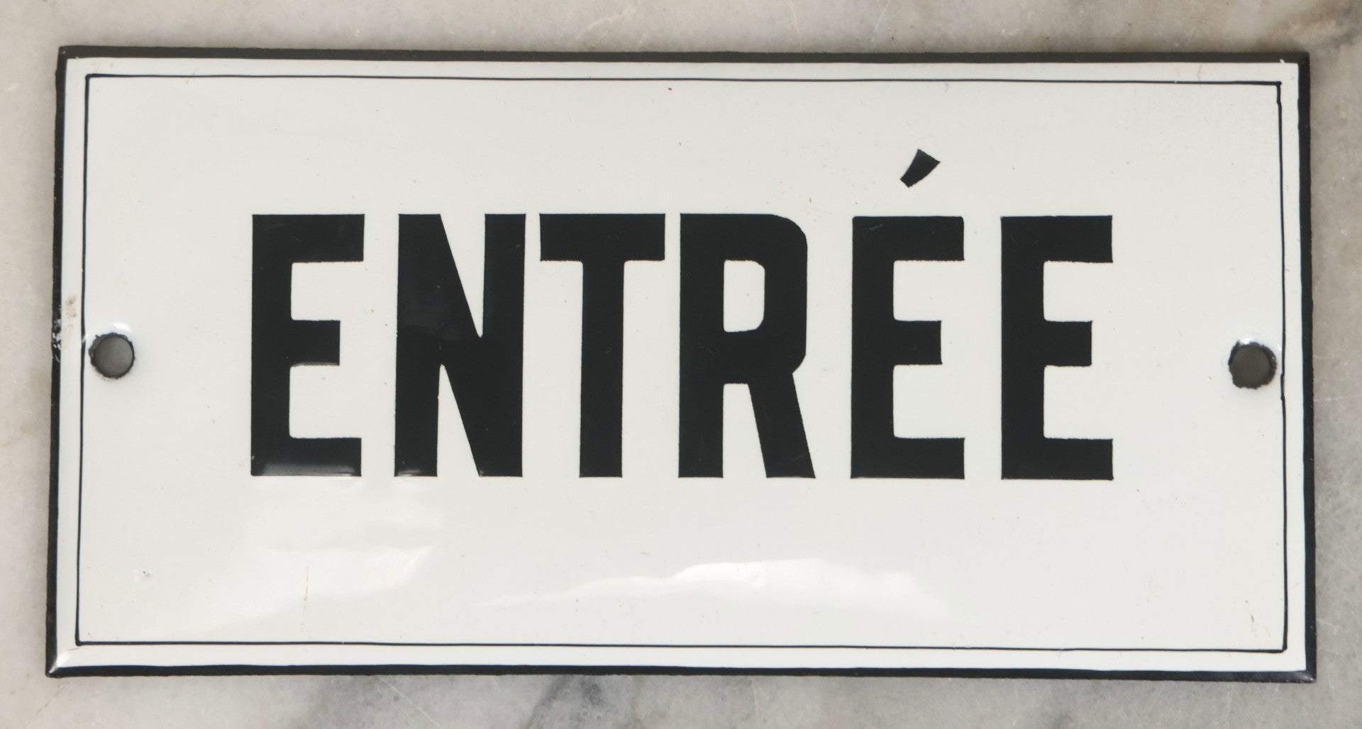 Lot 040 - Antique Convex Porcelain Sign “Entrée” (French, "Entrance") With Black Letters On White Field And Black Pinstripe Border, Attributed To Édouard Busath, Brussels, Belgium, 5-1/2" x 2-3/4"