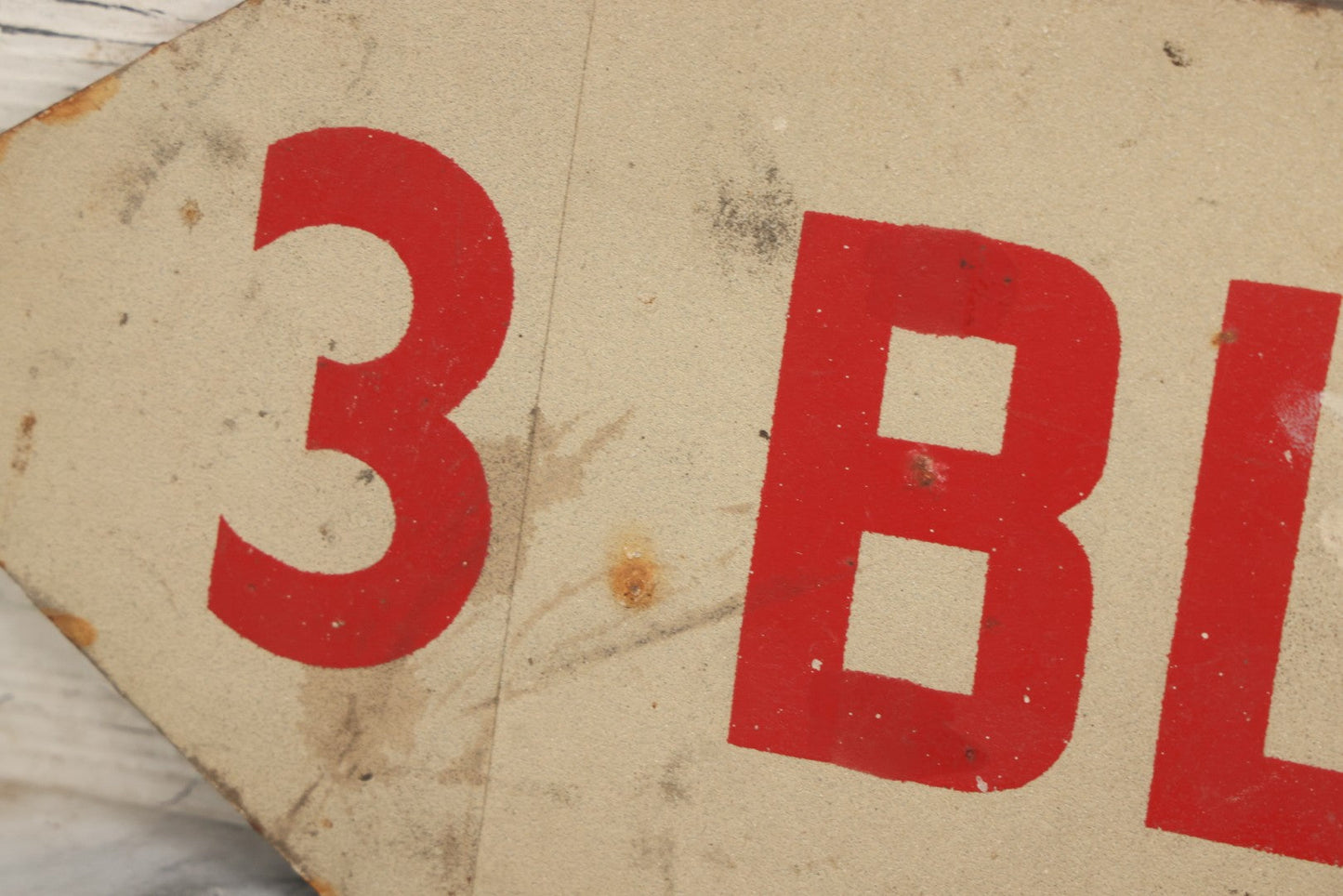 Lot 042 - Vintage Stenciled Metal Directional Road Sign “3 Blocks" Red On White Paint, Later Repainted “Restroom” On Reverse, 18" x 6-1/8"
