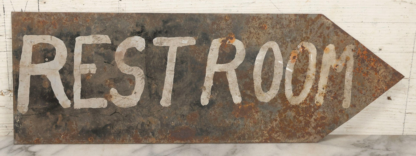 Lot 042 - Vintage Stenciled Metal Directional Road Sign “3 Blocks" Red On White Paint, Later Repainted “Restroom” On Reverse, 18" x 6-1/8"
