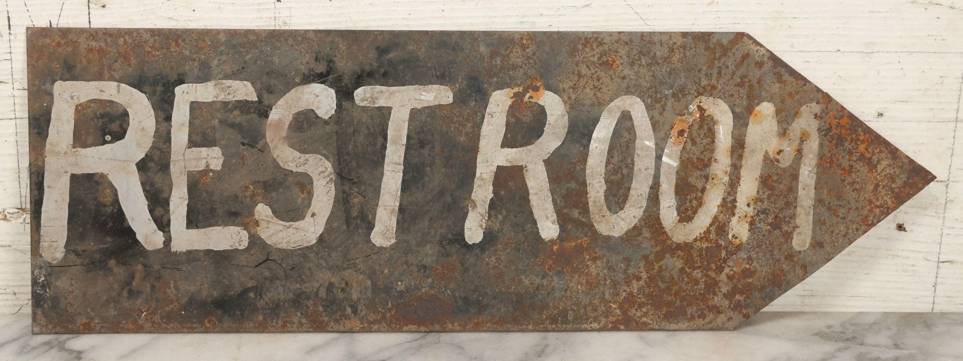 Lot 042 - Vintage Stenciled Metal Directional Road Sign “3 Blocks" Red On White Paint, Later Repainted “Restroom” On Reverse, 18" x 6-1/8"
