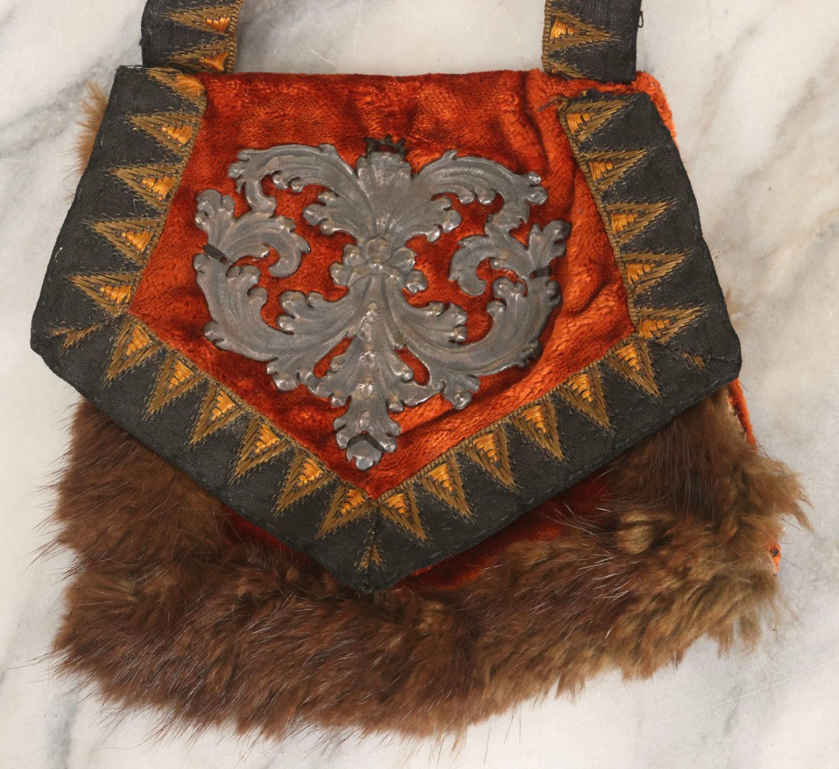 Lot 044 - Antique Victorian Red Velvet And Fur Handbag With Ornate Metal Filigree Appliqué And Brocade Interior