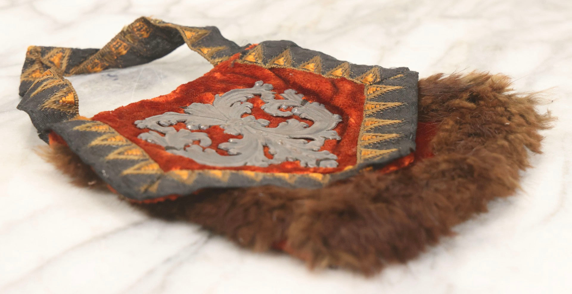 Lot 044 - Antique Victorian Red Velvet And Fur Handbag With Ornate Metal Filigree Appliqué And Brocade Interior