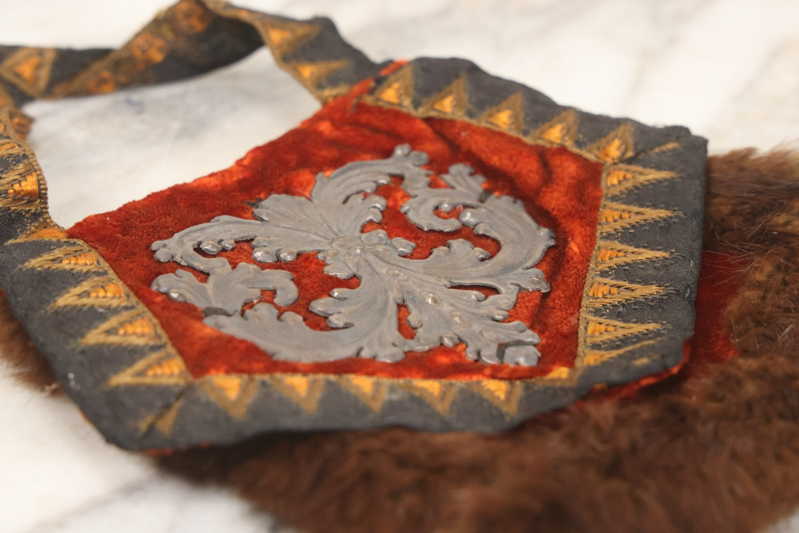 Lot 044 - Antique Victorian Red Velvet And Fur Handbag With Ornate Metal Filigree Appliqué And Brocade Interior