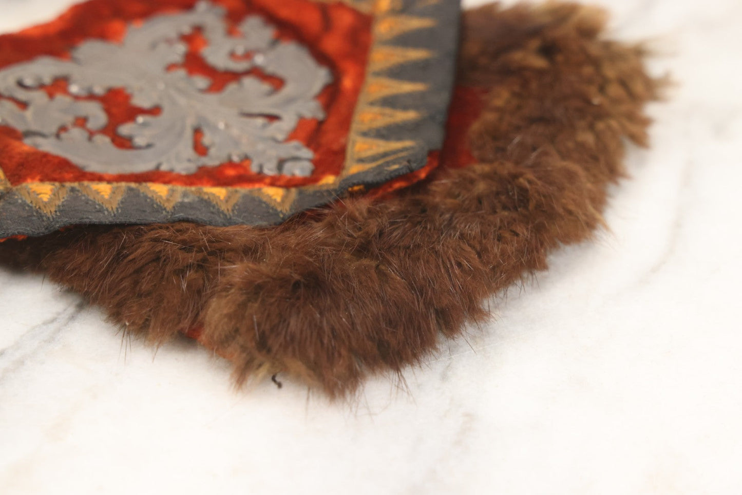 Lot 044 - Antique Victorian Red Velvet And Fur Handbag With Ornate Metal Filigree Appliqué And Brocade Interior