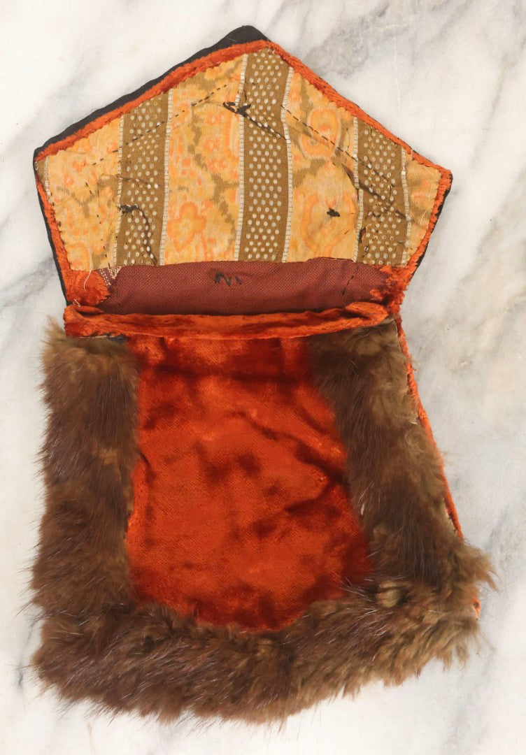 Lot 044 - Antique Victorian Red Velvet And Fur Handbag With Ornate Metal Filigree Appliqué And Brocade Interior