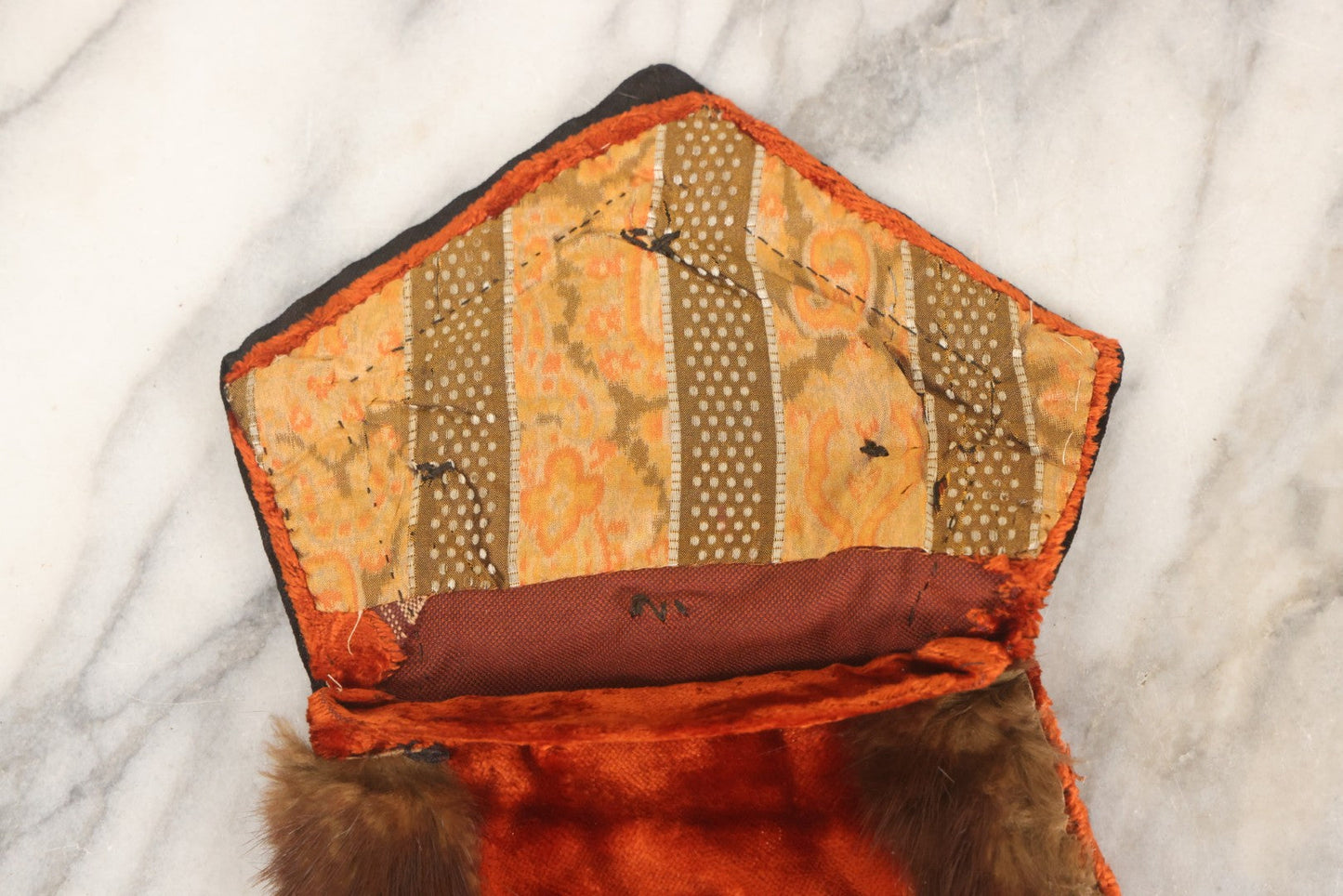 Lot 044 - Antique Victorian Red Velvet And Fur Handbag With Ornate Metal Filigree Appliqué And Brocade Interior