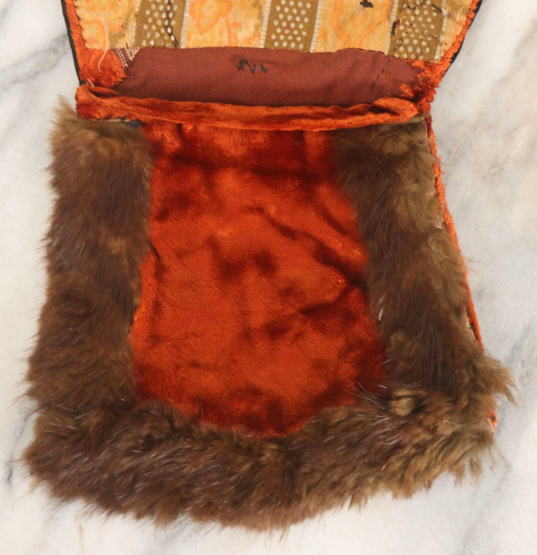 Lot 044 - Antique Victorian Red Velvet And Fur Handbag With Ornate Metal Filigree Appliqué And Brocade Interior