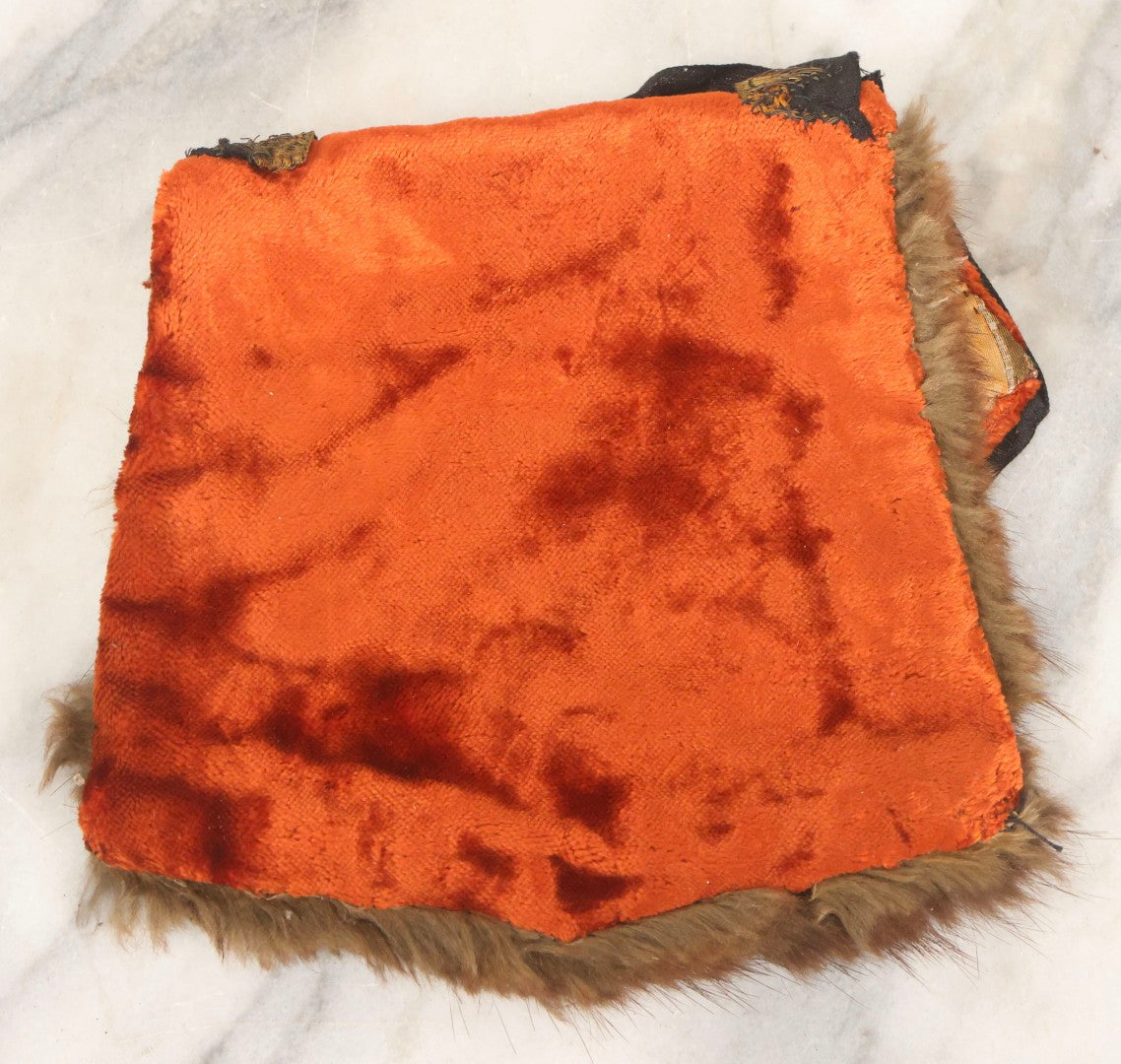 Lot 044 - Antique Victorian Red Velvet And Fur Handbag With Ornate Metal Filigree Appliqué And Brocade Interior