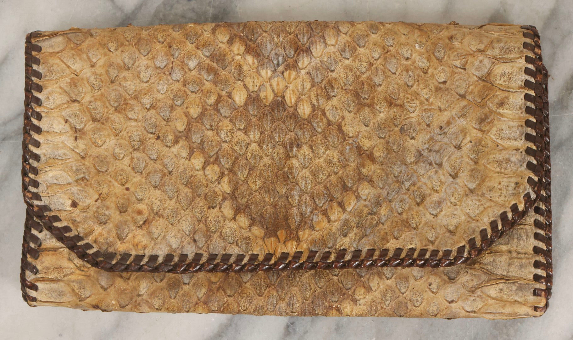 Lot 045 - Vintage Snakeskin Clutch Purse With Leather Whipstitch Trim And Handle