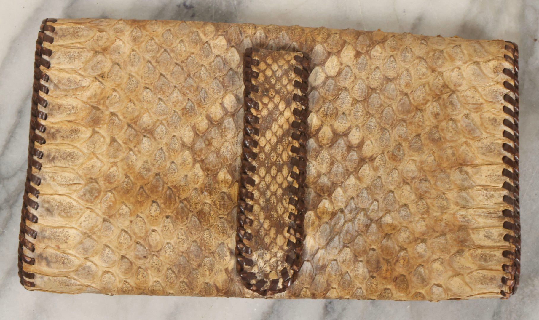 Lot 045 - Vintage Snakeskin Clutch Purse With Leather Whipstitch Trim And Handle