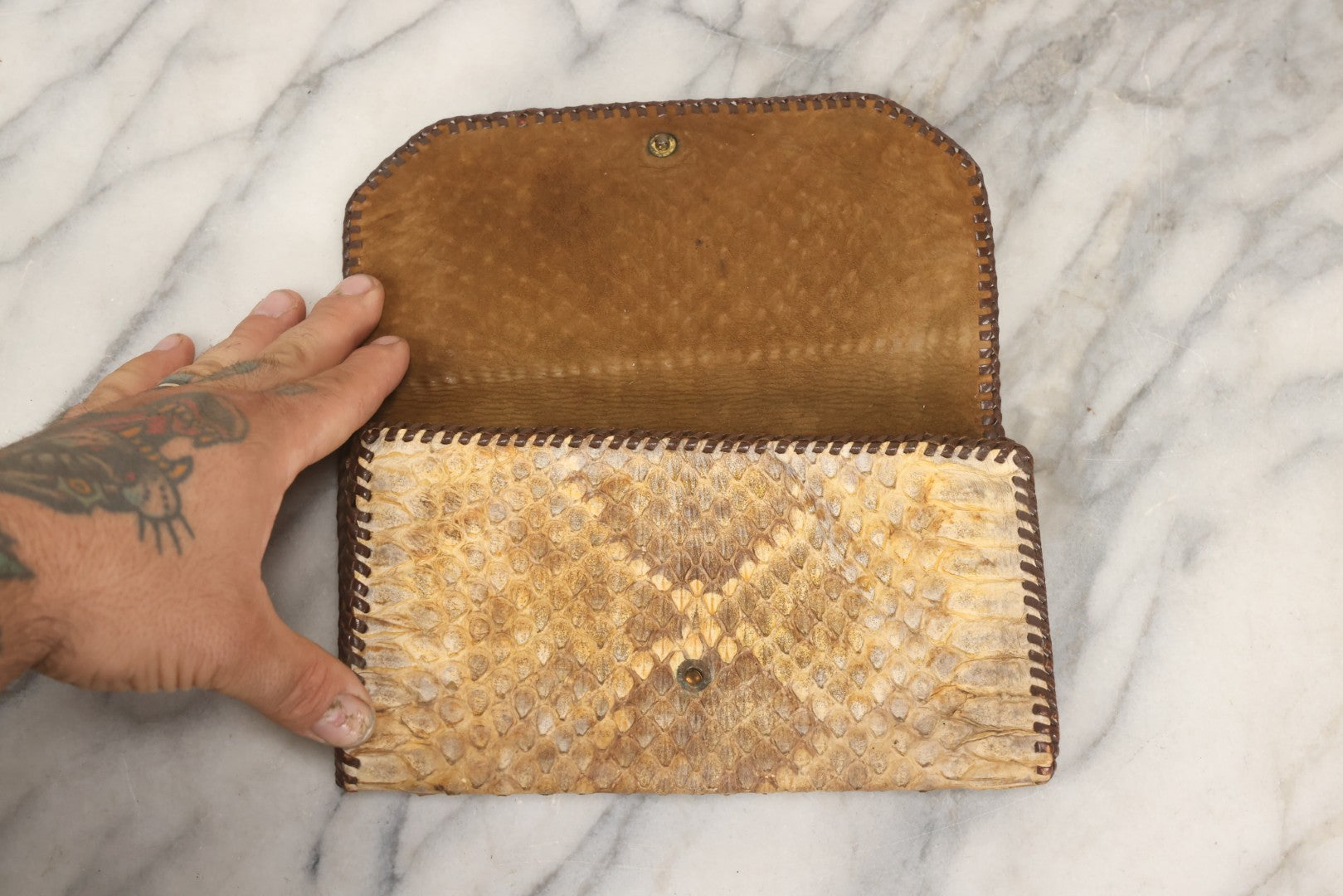 Lot 045 - Vintage Snakeskin Clutch Purse With Leather Whipstitch Trim And Handle