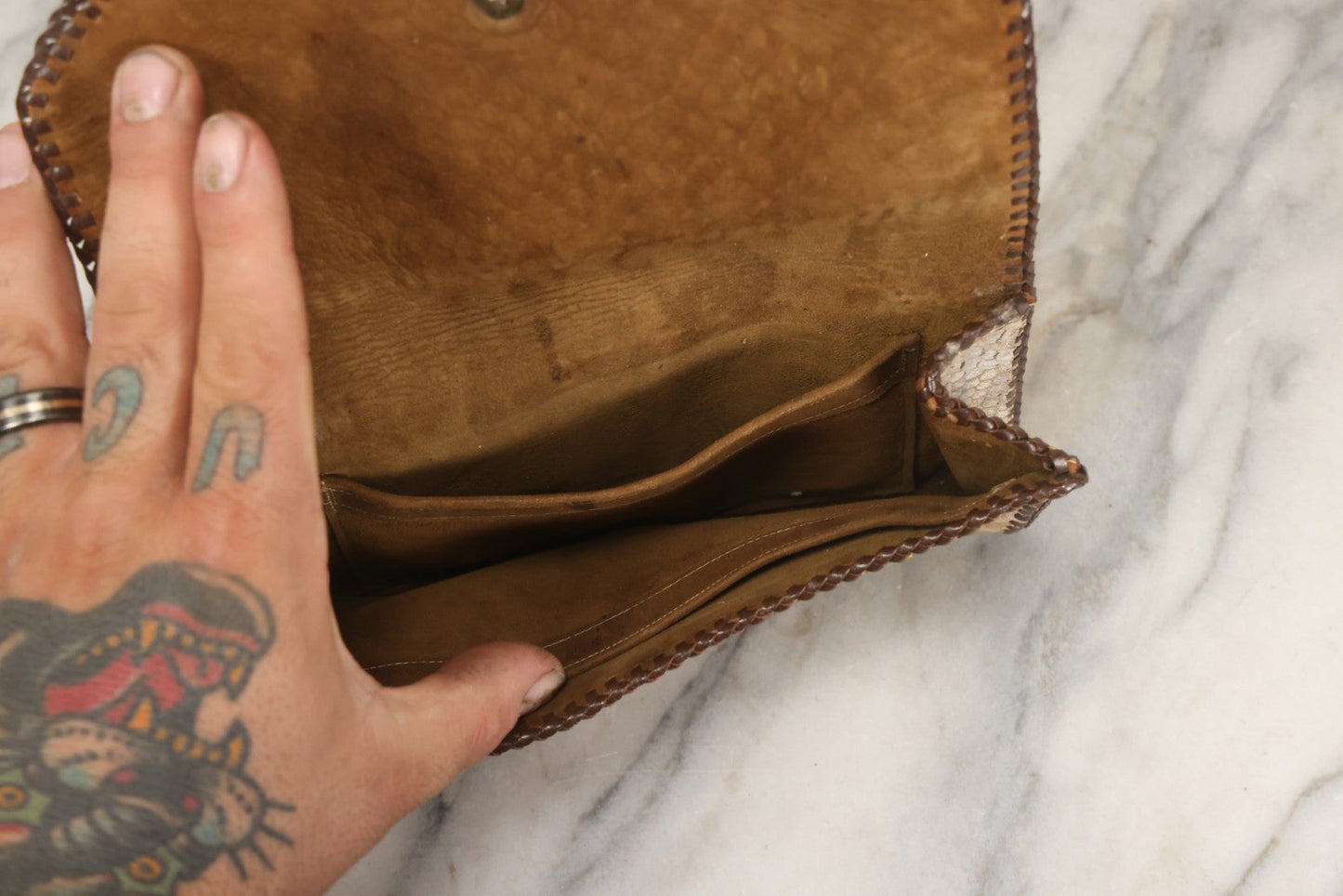 Lot 045 - Vintage Snakeskin Clutch Purse With Leather Whipstitch Trim And Handle