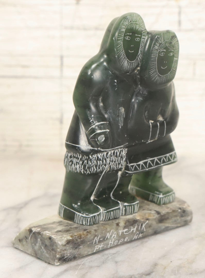 Lot 046 - Vintage Green Serpentine Stone Carving Of Two Figures In Parkas, Signed N. Natchik, Pt. Hope, Alaska, Possibly Inuit Or Alaskan Native, Unconfirmed, 5" H