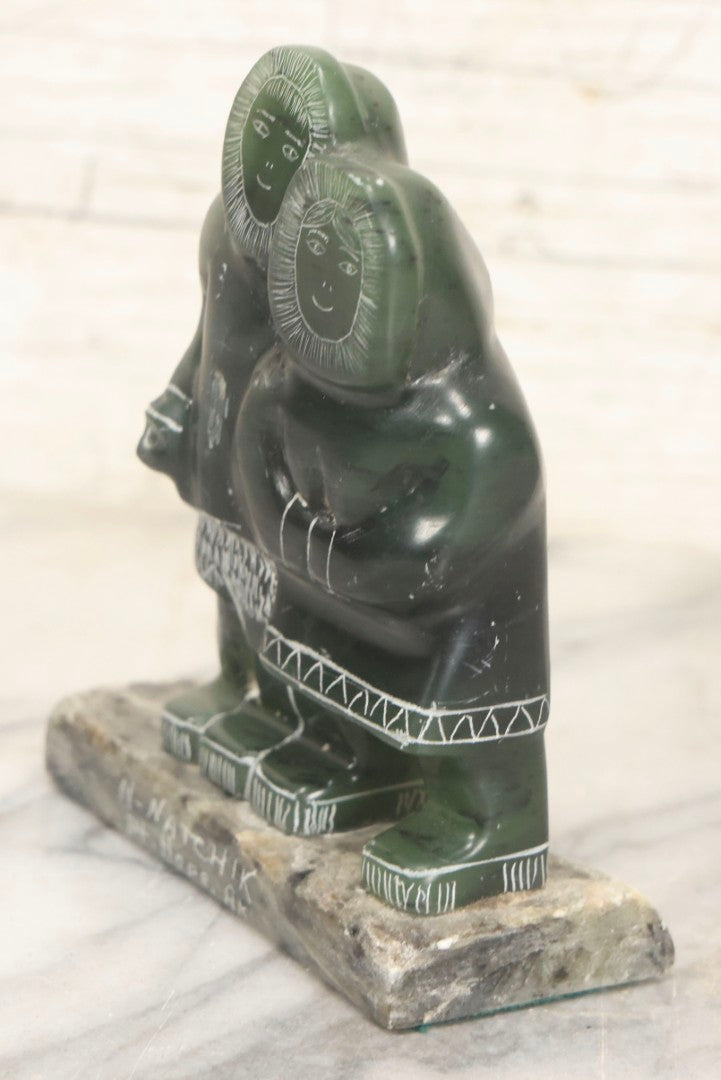 Lot 046 - Vintage Green Serpentine Stone Carving Of Two Figures In Parkas, Signed N. Natchik, Pt. Hope, Alaska, Possibly Inuit Or Alaskan Native, Unconfirmed, 5" H