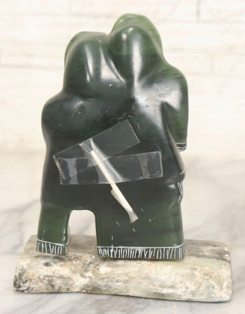 Lot 046 - Vintage Green Serpentine Stone Carving Of Two Figures In Parkas, Signed N. Natchik, Pt. Hope, Alaska, Possibly Inuit Or Alaskan Native, Unconfirmed, 5" H