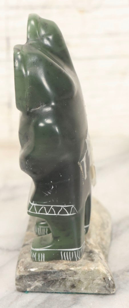Lot 046 - Vintage Green Serpentine Stone Carving Of Two Figures In Parkas, Signed N. Natchik, Pt. Hope, Alaska, Possibly Inuit Or Alaskan Native, Unconfirmed, 5" H