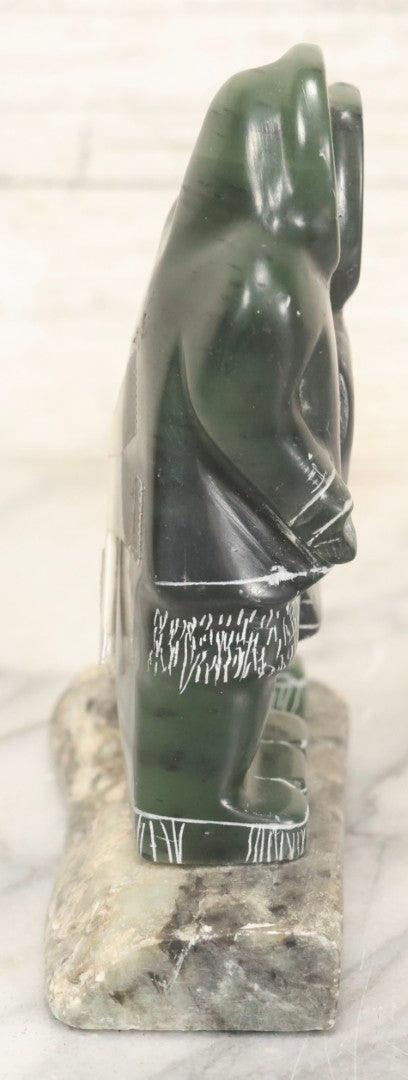 Lot 046 - Vintage Green Serpentine Stone Carving Of Two Figures In Parkas, Signed N. Natchik, Pt. Hope, Alaska, Possibly Inuit Or Alaskan Native, Unconfirmed, 5" H