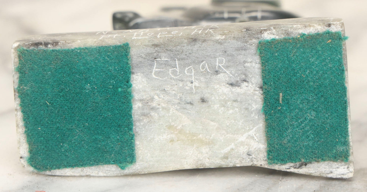 Lot 046 - Vintage Green Serpentine Stone Carving Of Two Figures In Parkas, Signed N. Natchik, Pt. Hope, Alaska, Possibly Inuit Or Alaskan Native, Unconfirmed, 5" H