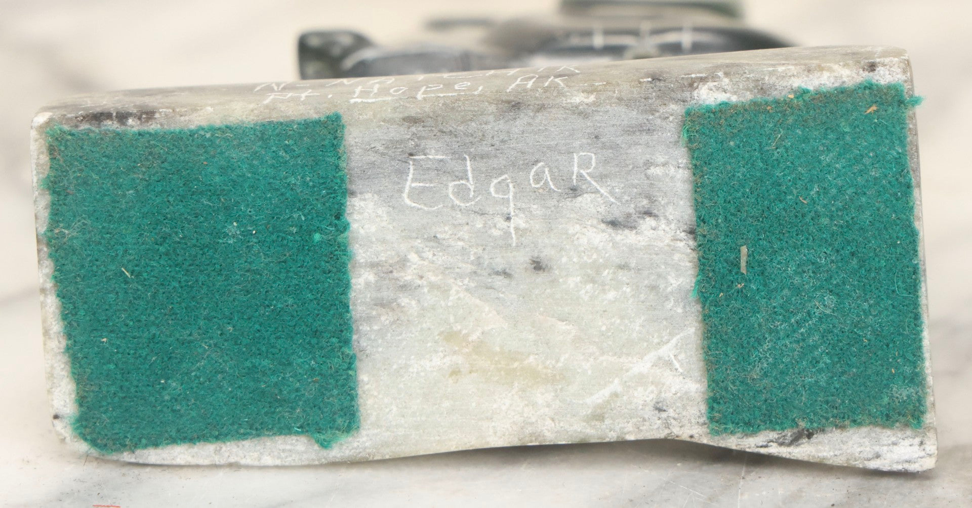 Lot 046 - Vintage Green Serpentine Stone Carving Of Two Figures In Parkas, Signed N. Natchik, Pt. Hope, Alaska, Possibly Inuit Or Alaskan Native, Unconfirmed, 5" H