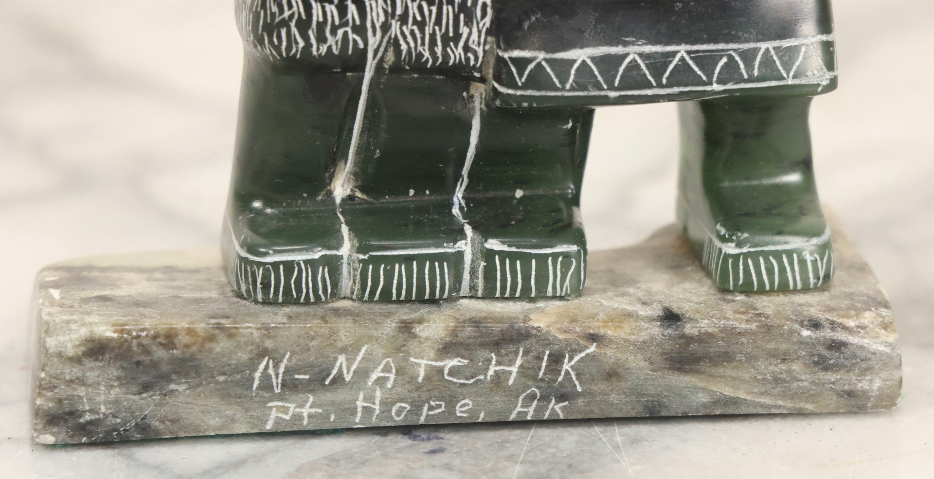 Lot 046 - Vintage Green Serpentine Stone Carving Of Two Figures In Parkas, Signed N. Natchik, Pt. Hope, Alaska, Possibly Inuit Or Alaskan Native, Unconfirmed, 5" H