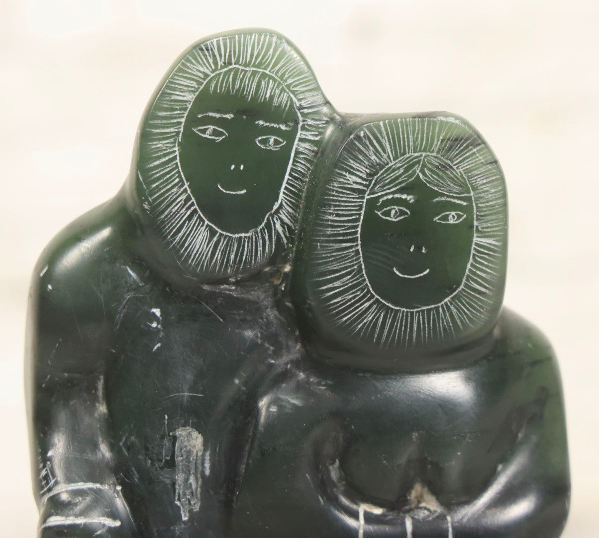 Lot 046 - Vintage Green Serpentine Stone Carving Of Two Figures In Parkas, Signed N. Natchik, Pt. Hope, Alaska, Possibly Inuit Or Alaskan Native, Unconfirmed, 5" H