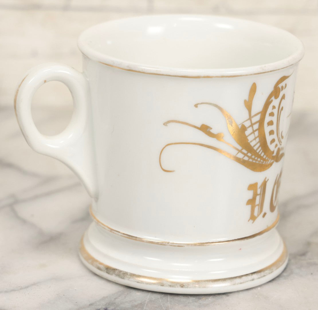 Lot 047 - Antique Hand-Decorated Porcelain Mug With Masonic Compass And Square, All-Seeing Eye, And Odd Fellows Three-Link F.L.T. Emblems, Belonging To V.E. Waterman, With Gold Painted Accents, T&V Limoges, France, 3-5/8" H