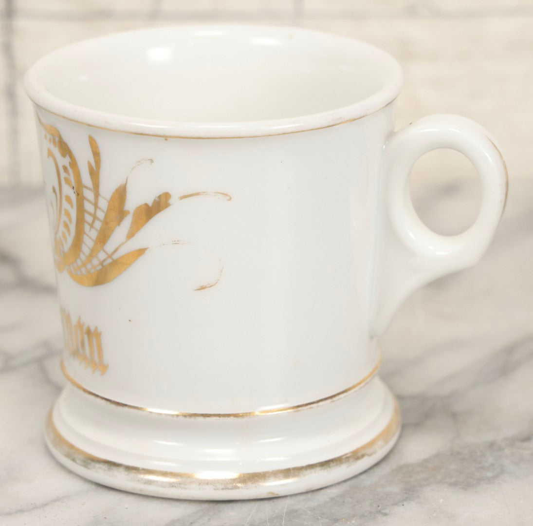 Lot 047 - Antique Hand-Decorated Porcelain Mug With Masonic Compass And Square, All-Seeing Eye, And Odd Fellows Three-Link F.L.T. Emblems, Belonging To V.E. Waterman, With Gold Painted Accents, T&V Limoges, France, 3-5/8" H