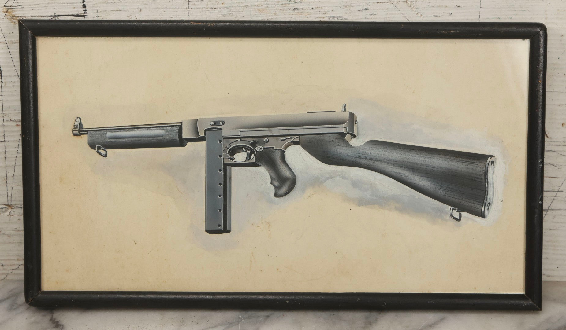 Lot 050 - Vintage Hand-Painted Technical Illustration Of A Thompson-Style Submachine Gun, Gouache And Graphite On Paper, Mid-20th Century, Custom Framed, 13-7/8" x 7-3/4"