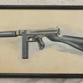 Lot 050 - Vintage Hand-Painted Technical Illustration Of A Thompson-Style Submachine Gun, Gouache And Graphite On Paper, Mid-20th Century, Custom Framed, 13-7/8" x 7-3/4"