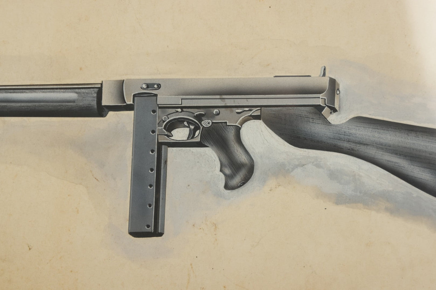 Lot 050 - Vintage Hand-Painted Technical Illustration Of A Thompson-Style Submachine Gun, Gouache And Graphite On Paper, Mid-20th Century, Custom Framed, 13-7/8" x 7-3/4"