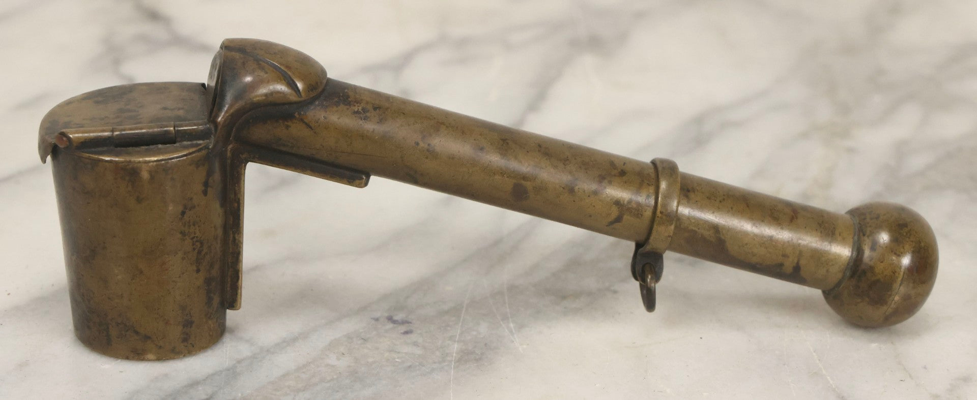 Lot 051 - Antique Copper Japanese Yatate Brush Inkwell With Sliding Loop And Hinged Lid, 7" L