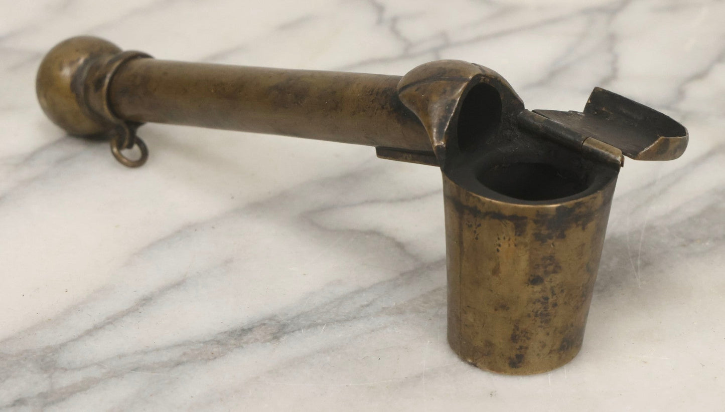 Lot 051 - Antique Copper Japanese Yatate Brush Inkwell With Sliding Loop And Hinged Lid, 7" L