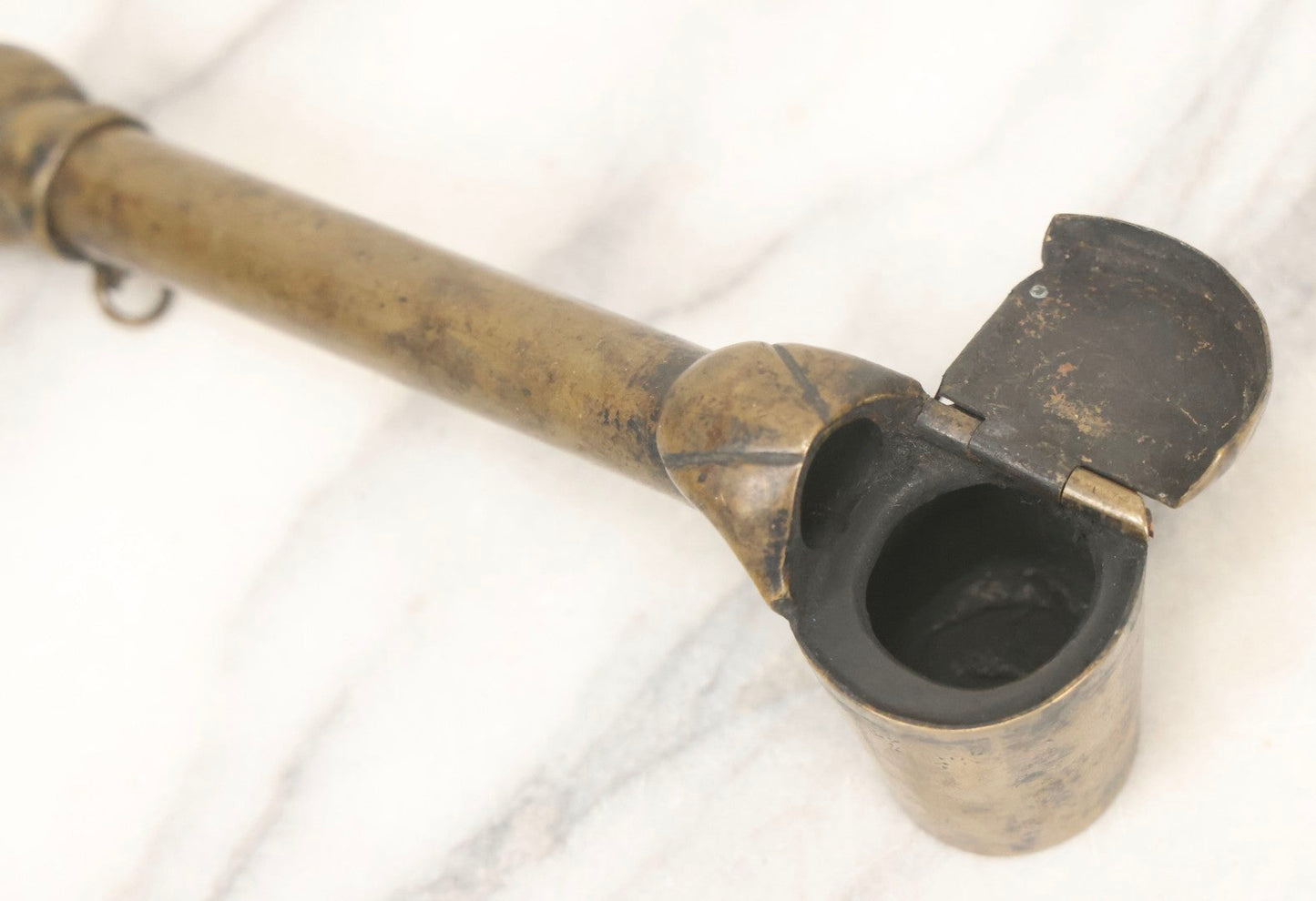 Lot 051 - Antique Copper Japanese Yatate Brush Inkwell With Sliding Loop And Hinged Lid, 7" L