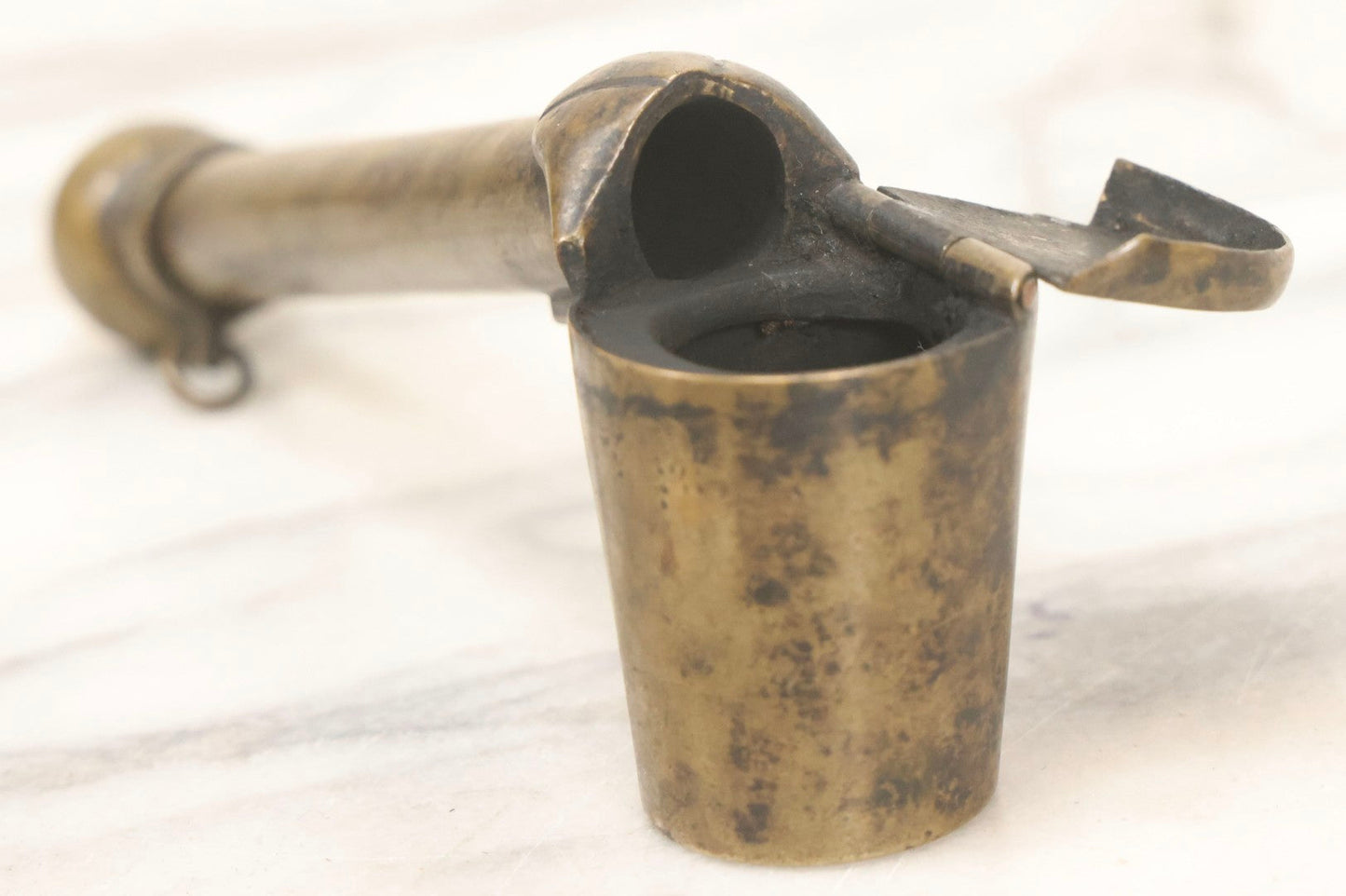 Lot 051 - Antique Copper Japanese Yatate Brush Inkwell With Sliding Loop And Hinged Lid, 7" L