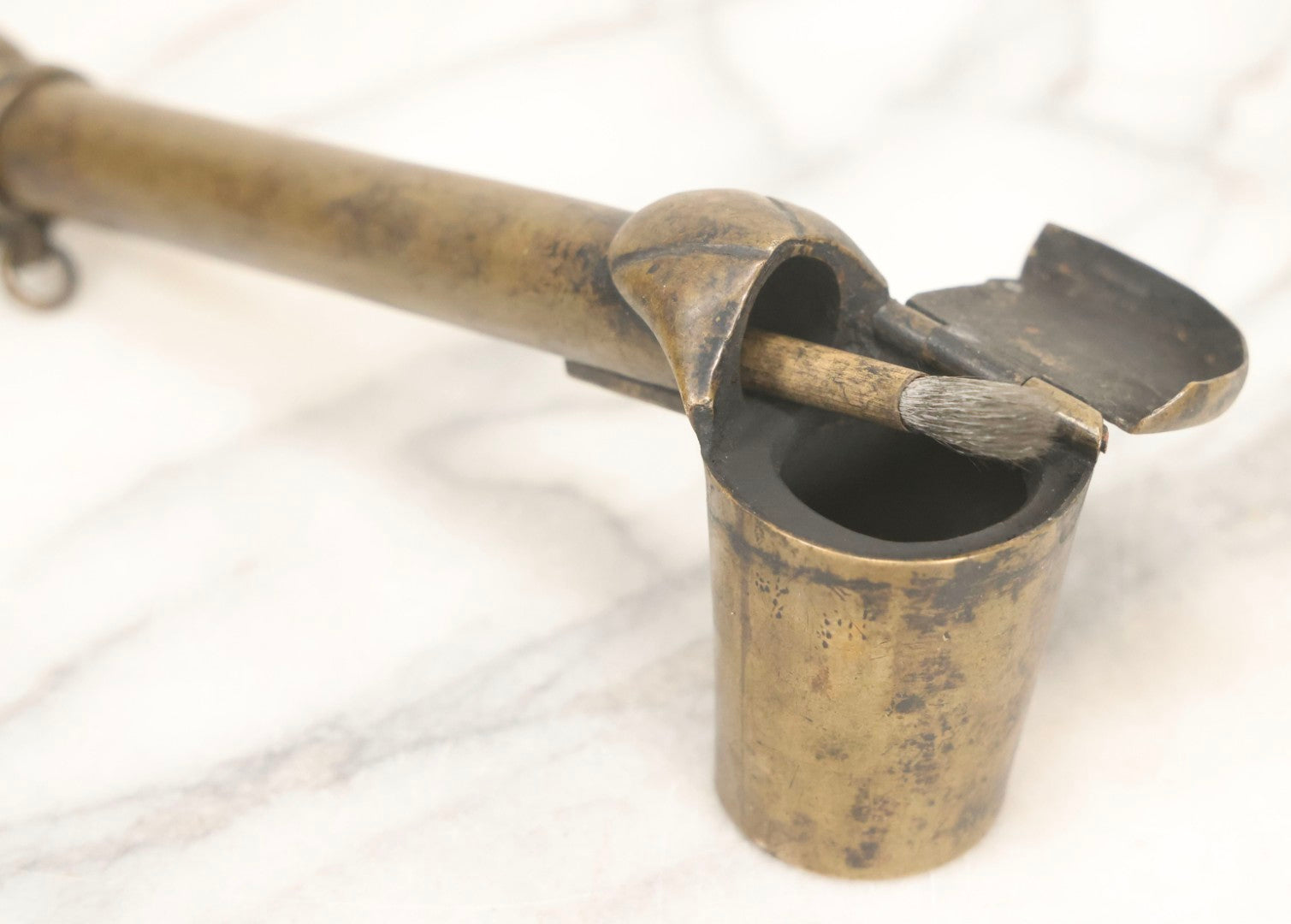 Lot 051 - Antique Copper Japanese Yatate Brush Inkwell With Sliding Loop And Hinged Lid, 7" L