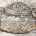 Lot 052 - Antique Cast Iron Double Inkwell With Chrome Finish Depicting Fox Head, Oak Branches, And English Hunting Scene With Hunter, Dog, And Stag, Stamped L.P., Circa Early 20th Century