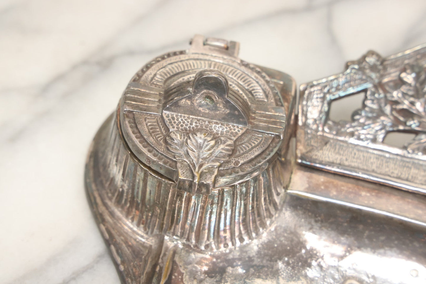 Lot 052 - Antique Cast Iron Double Inkwell With Chrome Finish Depicting Fox Head, Oak Branches, And English Hunting Scene With Hunter, Dog, And Stag, Stamped L.P., Circa Early 20th Century