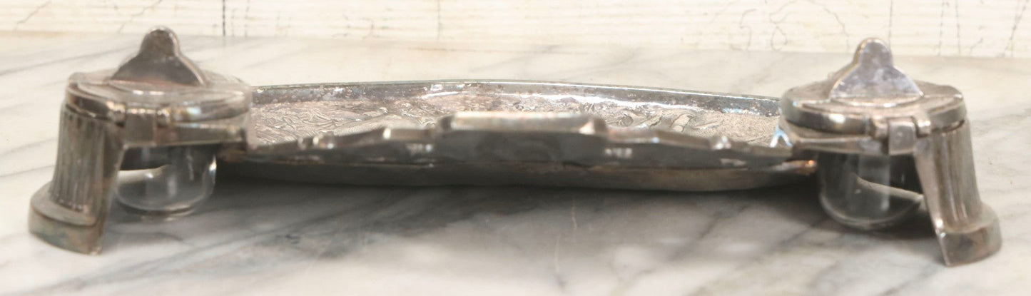 Lot 052 - Antique Cast Iron Double Inkwell With Chrome Finish Depicting Fox Head, Oak Branches, And English Hunting Scene With Hunter, Dog, And Stag, Stamped L.P., Circa Early 20th Century