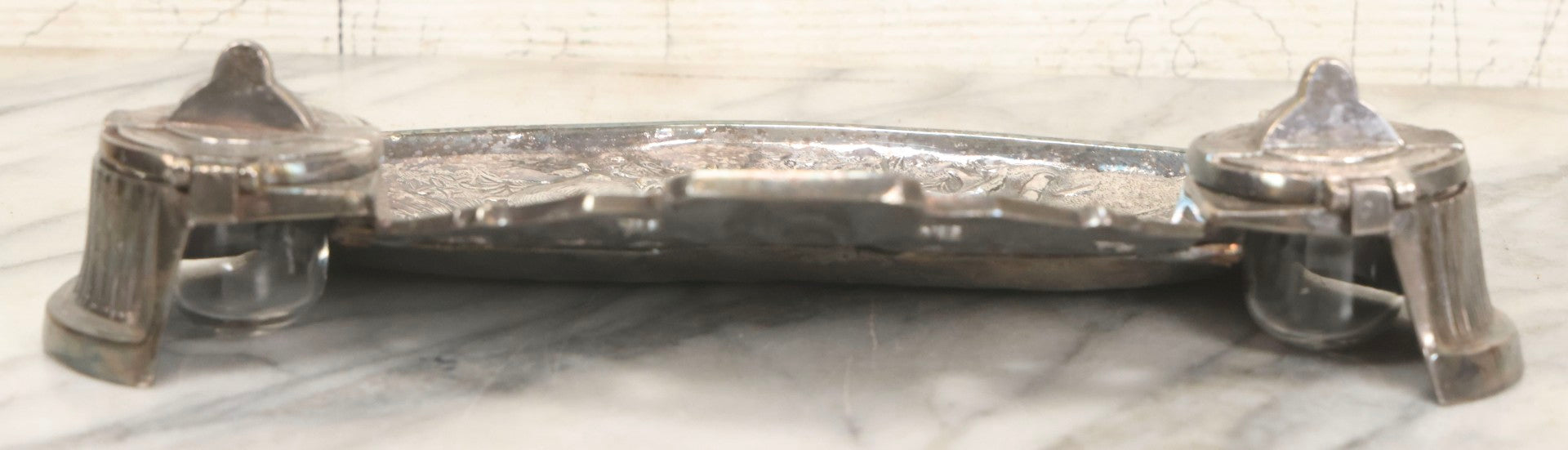 Lot 052 - Antique Cast Iron Double Inkwell With Chrome Finish Depicting Fox Head, Oak Branches, And English Hunting Scene With Hunter, Dog, And Stag, Stamped L.P., Circa Early 20th Century