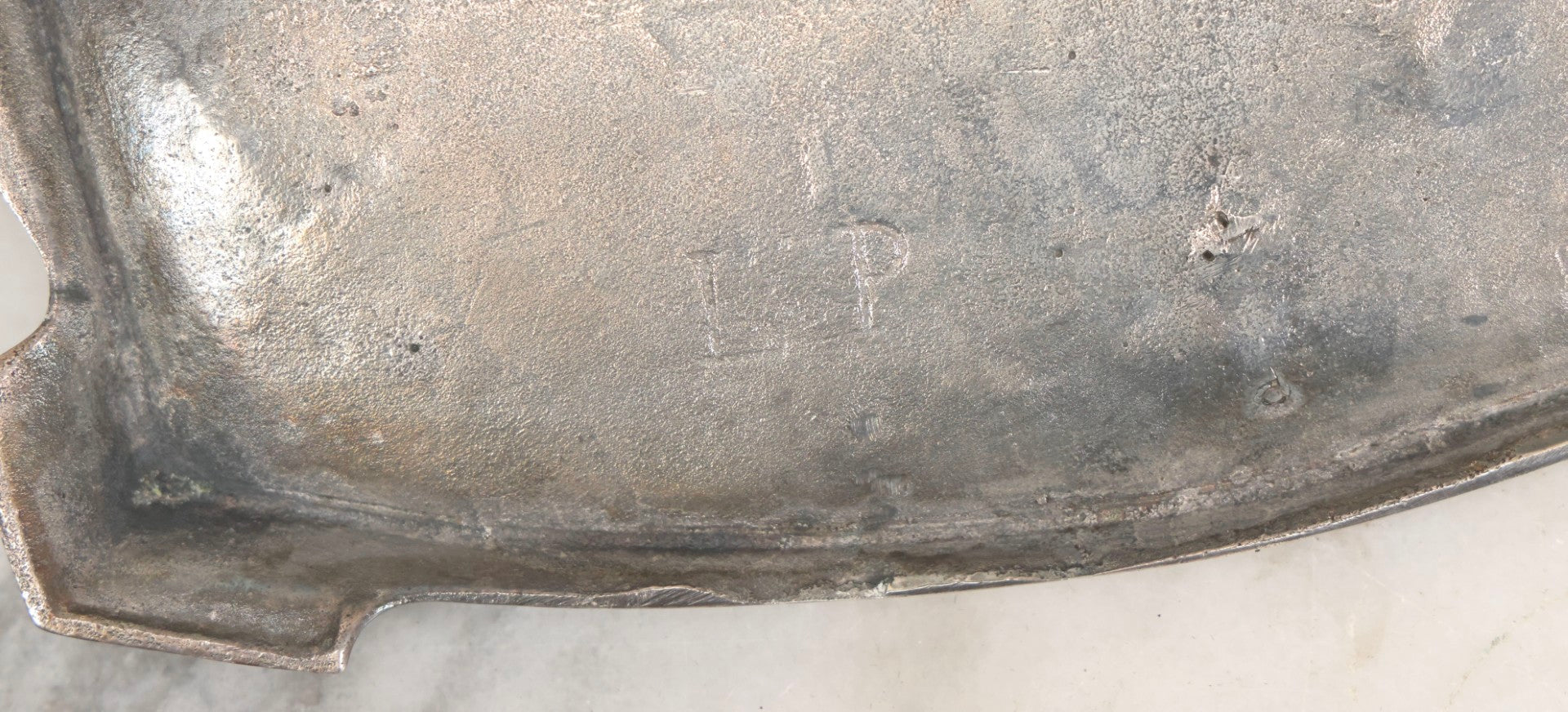 Lot 052 - Antique Cast Iron Double Inkwell With Chrome Finish Depicting Fox Head, Oak Branches, And English Hunting Scene With Hunter, Dog, And Stag, Stamped L.P., Circa Early 20th Century