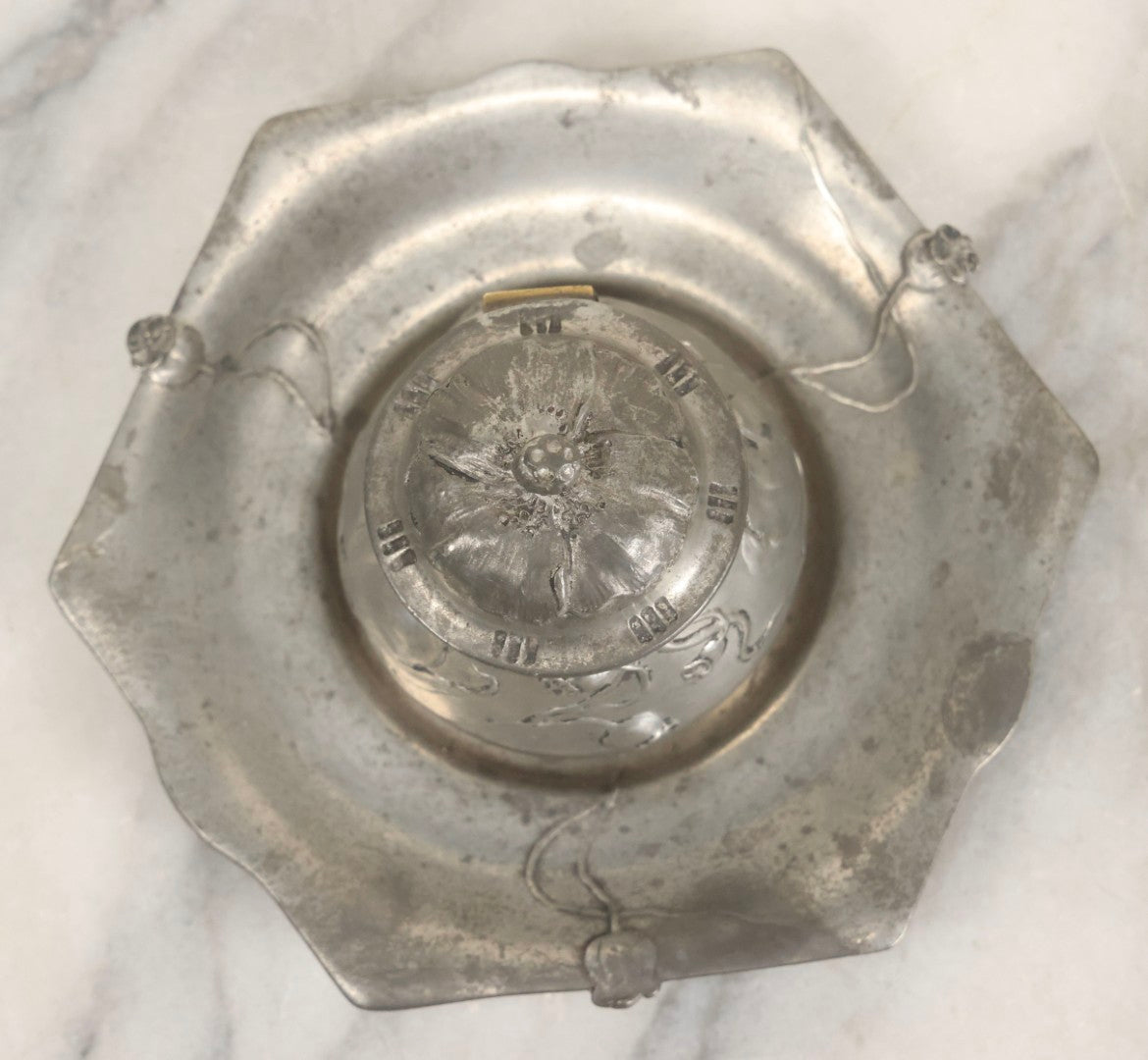 Lot 053 - Antique German Pewter Art Nouveau Inkwell With Dried Poppy Flower Motif, Stamped Germany, With Walter Kimball & Co. Boston Label, Circa Early 20th Century