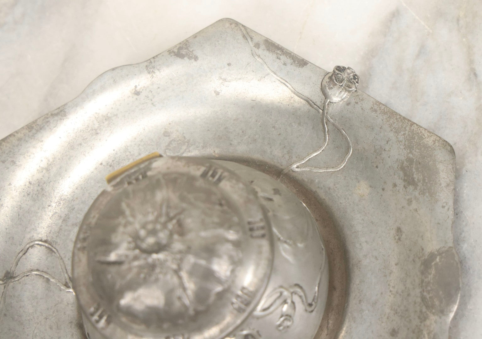 Lot 053 - Antique German Pewter Art Nouveau Inkwell With Dried Poppy Flower Motif, Stamped Germany, With Walter Kimball & Co. Boston Label, Circa Early 20th Century